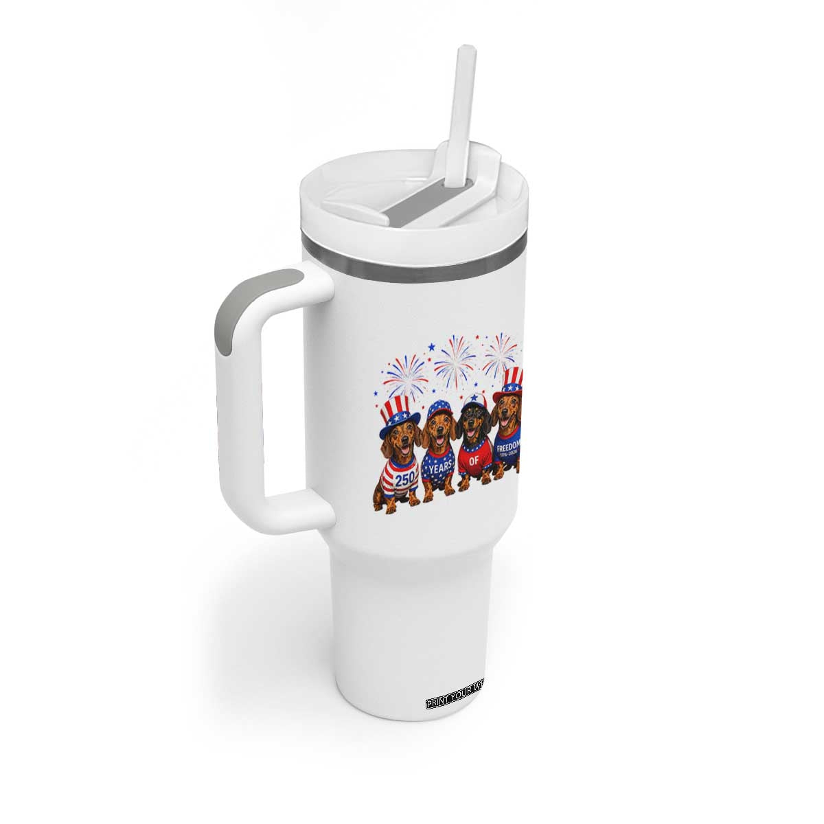 Vintage Patriotic Dachshund 250 Anniversary USA Tumbler With Handle Freedom 250 Years Weiner Dog Lovers Dad Mom