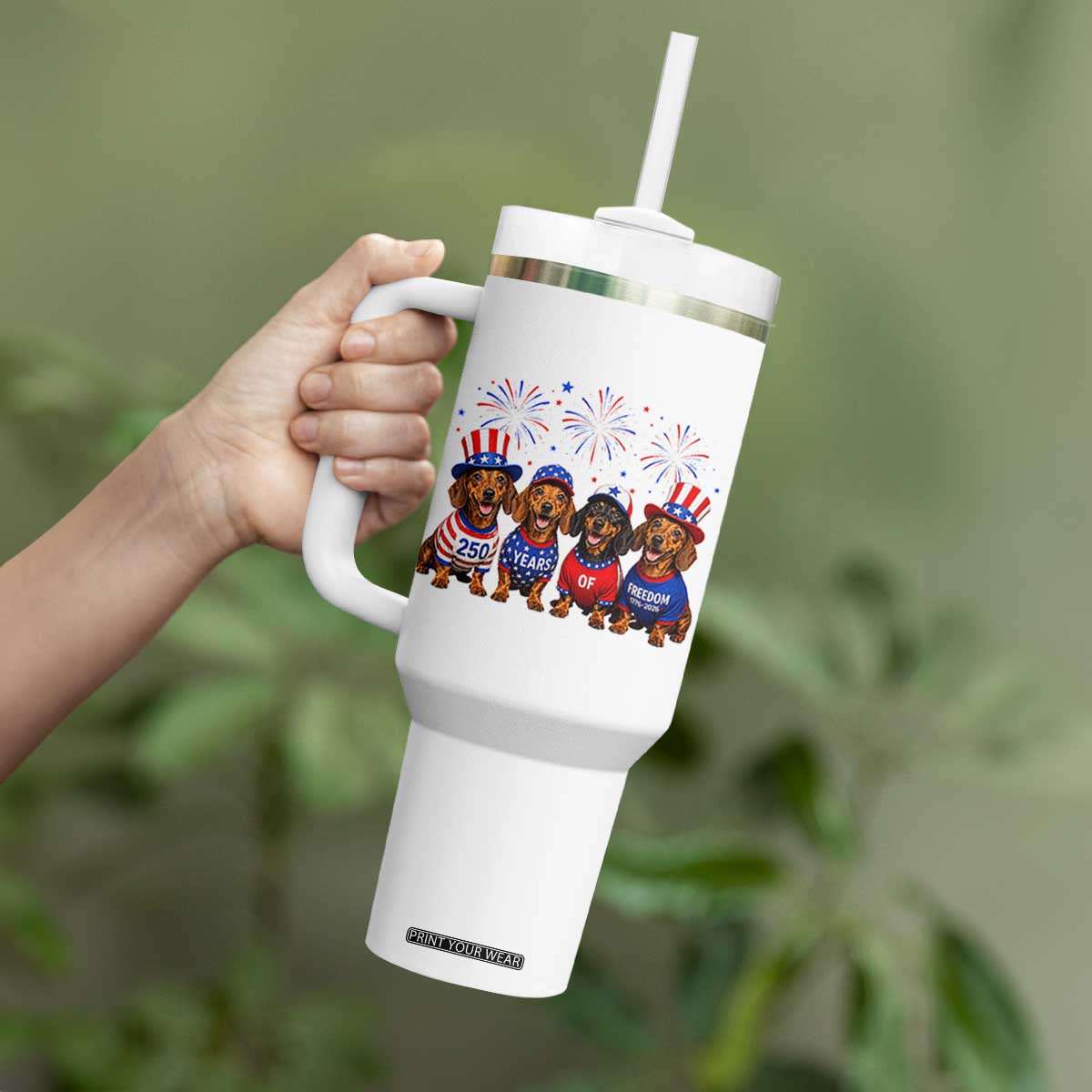 Vintage Patriotic Dachshund 250 Anniversary USA Tumbler With Handle Freedom 250 Years Weiner Dog Lovers Dad Mom