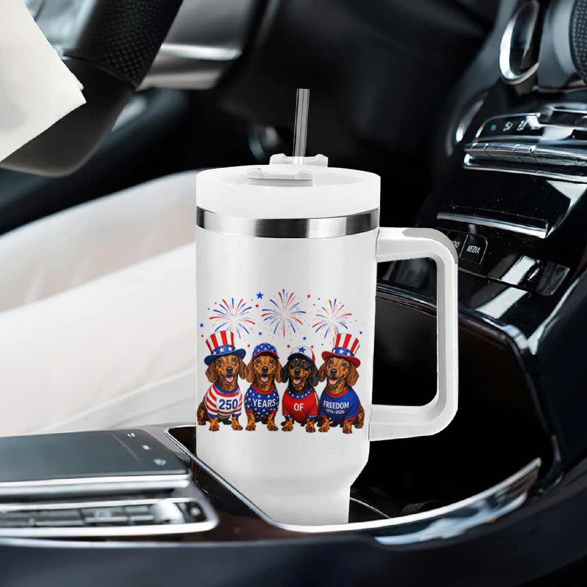 Vintage Patriotic Dachshund 250 Anniversary USA Tumbler With Handle Freedom 250 Years Weiner Dog Lovers Dad Mom