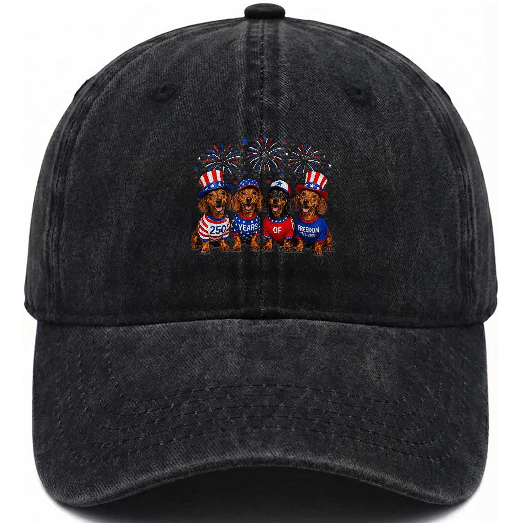 Vintage Patriotic Dachshund 250 Anniversary USA Washed Cotton Baseball Cap Freedom 250 Years Weiner Dog Lovers Dad Mom