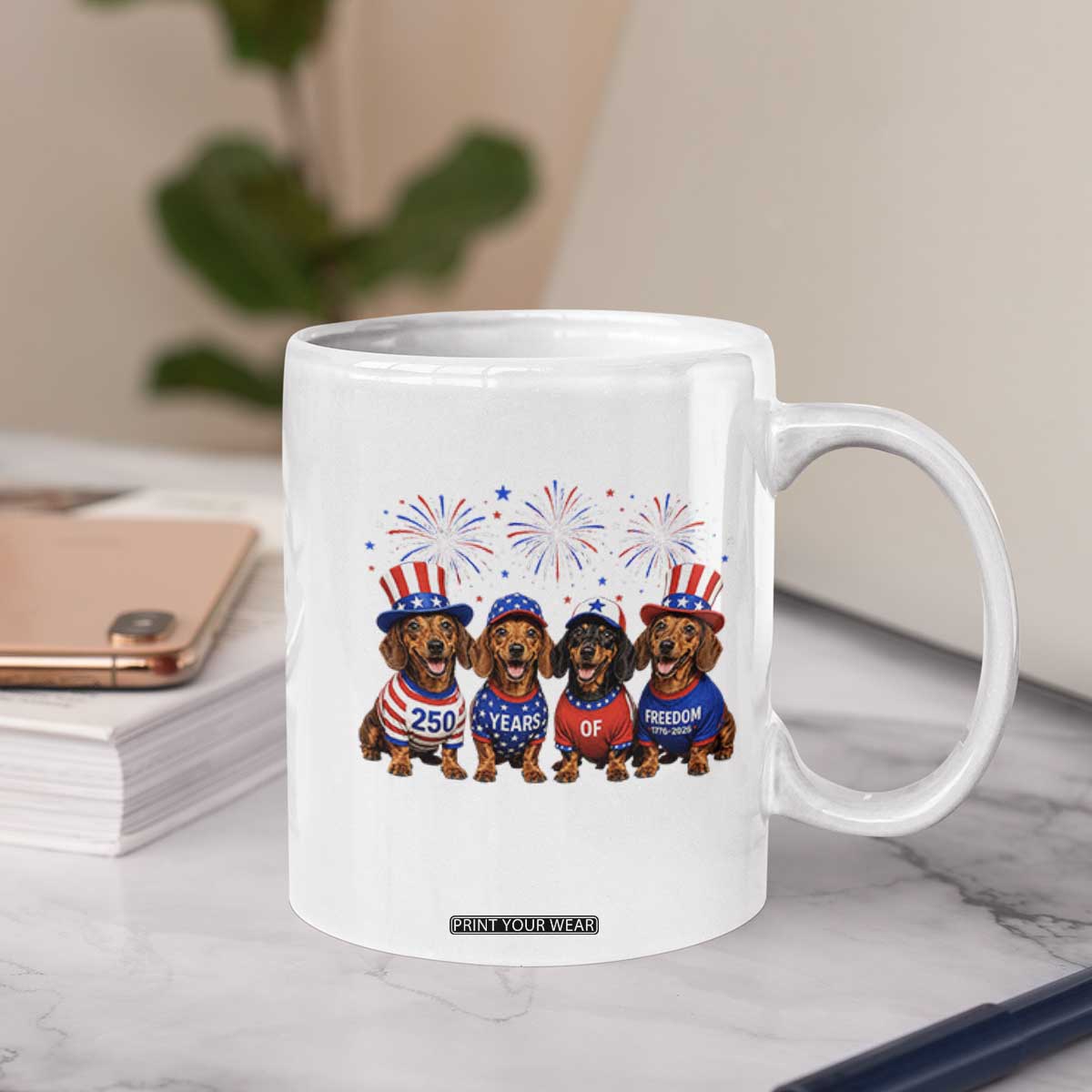 Vintage Patriotic Dachshund 250 Anniversary USA Coffee Mug Freedom 250 Years Weiner Dog Lovers Dad Mom