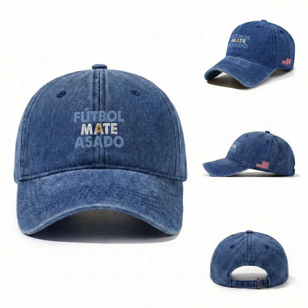 Futbol Mate Asado Argentina Soccer Fan Washed Cotton Baseball Cap Argentinian Flag Pride Vintage Football Lovers TS10 Washed Cap Universal Fit Royal Blue Print Your Wear