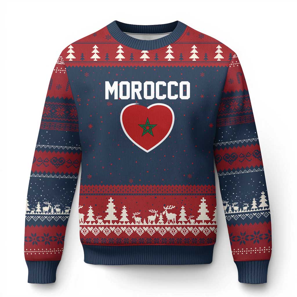 Morocco Heart Flag Ugly Christmas Sweater Patriotic Love Gift for Proud Moroccan TS10 Navy Red Print Your Wear