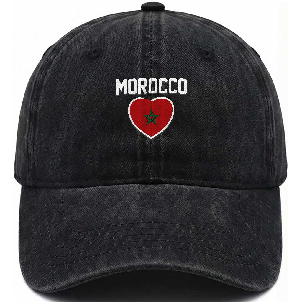 Morocco Heart Flag Washed Cotton Baseball Cap Patriotic Love Gift for Proud Moroccan TS10 Print Your Wear