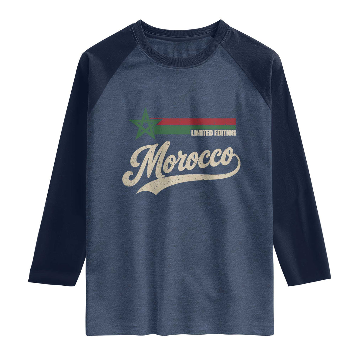 Morocco Raglan Shirt Limited Edition Vintage Moroccan Pride Retro TS10 Heather Denim Navy Print Your Wear