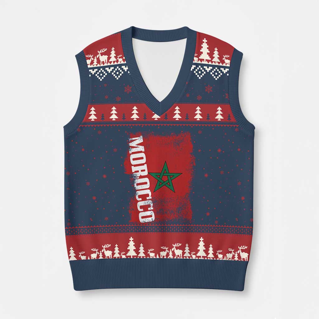 Morocco Flag Distressed Vintage Patriotic Pride Gift for Proud Moroccan V-Neck Knit Sweater Vest TS10 Navy Red Print Your Wear