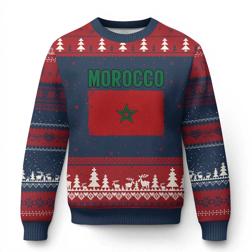 Morocco Flag Ugly Christmas Sweater Vintage Distressed Patriotic Pride Gift for Proud Moroccan TS10 Navy Red Print Your Wear