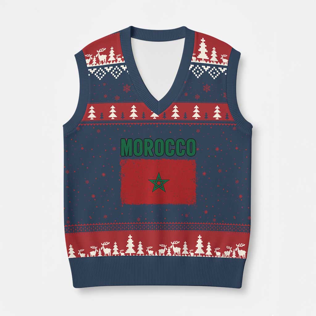 Morocco Flag V-Neck Knit Sweater Vest Vintage Distressed Patriotic Pride Gift for Proud Moroccan TS10 Navy Red Print Your Wear