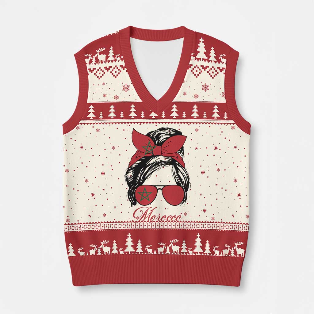 Morocco Girl V-Neck Knit Sweater Vest Moroccan Princess Morocco Flag Messy Bun TS10 Beige Red Print Your Wear