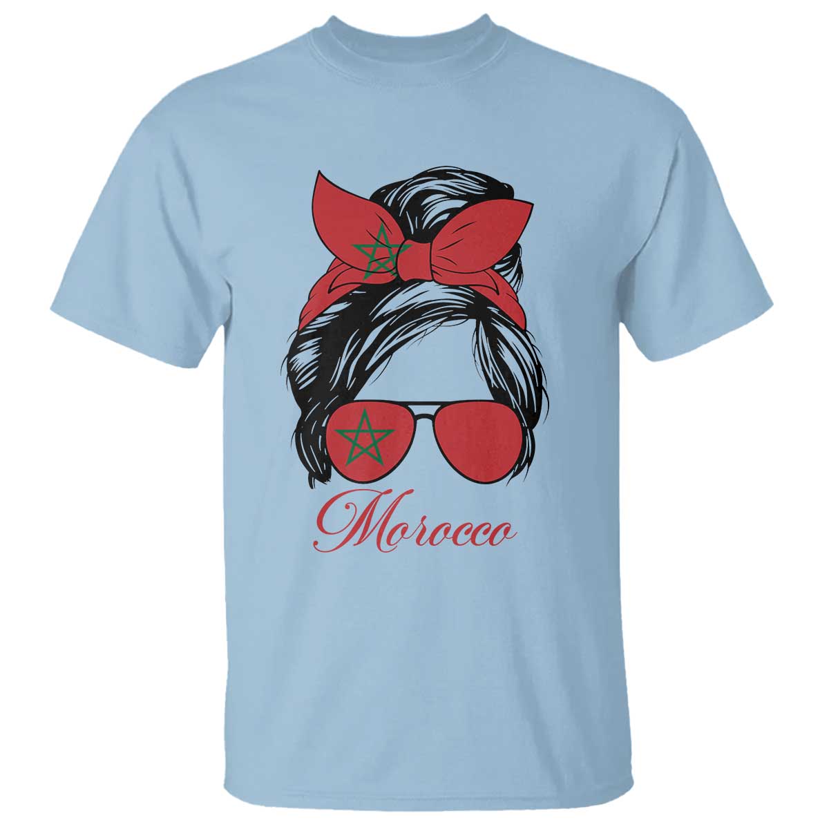 Morocco Girl T Shirt Moroccan Princess Morocco Flag Messy Bun TS10 Light Blue Print Your Wear