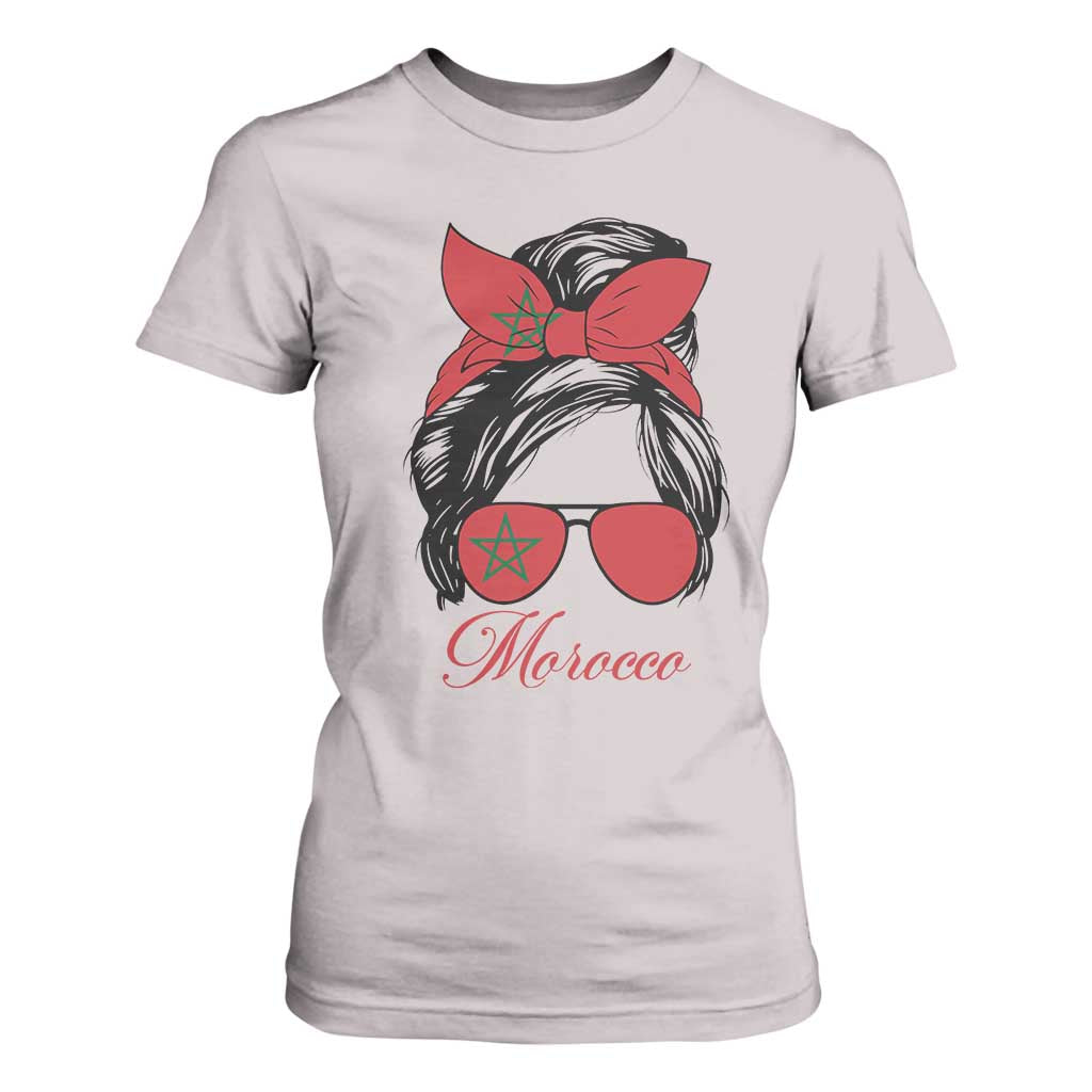Morocco Girl T Shirt For Women Moroccan Princess Morocco Flag Messy Bun TS10 Ice Gray Print Your Wear