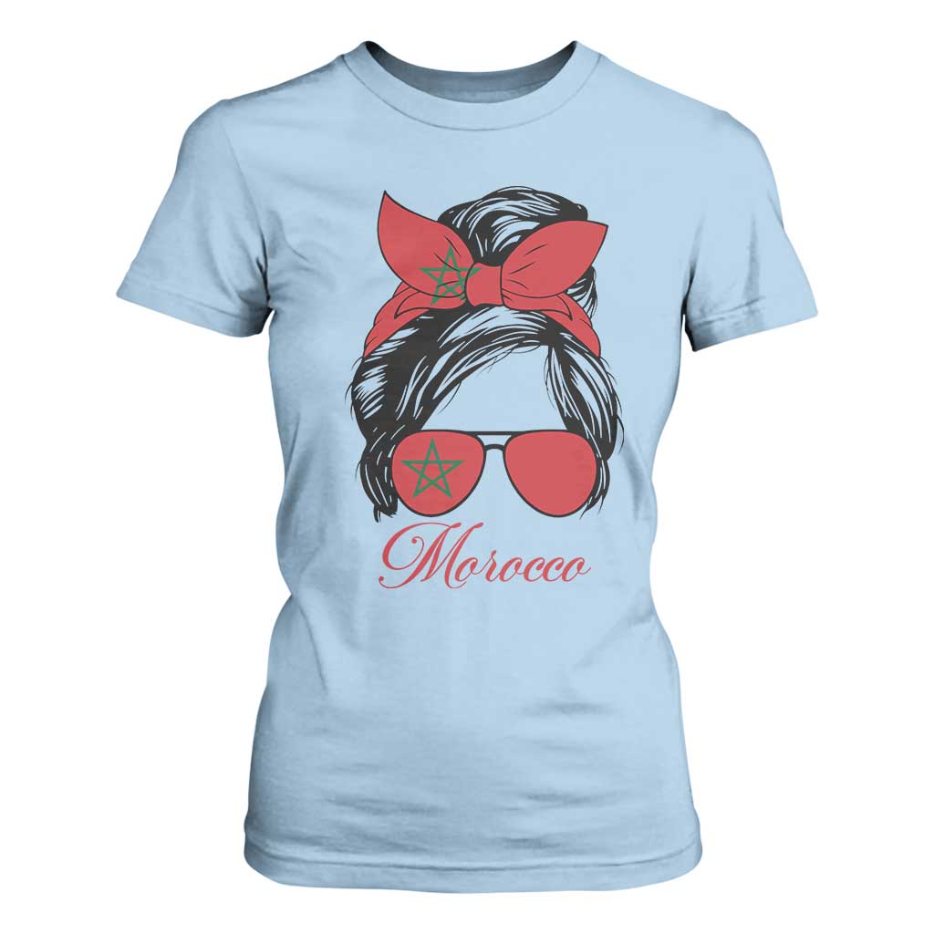 Morocco Girl T Shirt For Women Moroccan Princess Morocco Flag Messy Bun TS10 Light Blue Print Your Wear