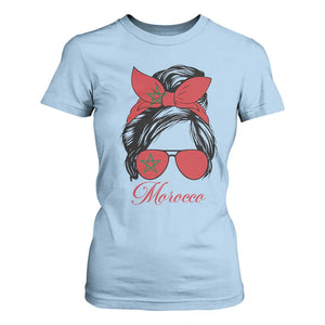 Morocco Girl T Shirt For Women Moroccan Princess Morocco Flag Messy Bun TS10 Light Blue Print Your Wear