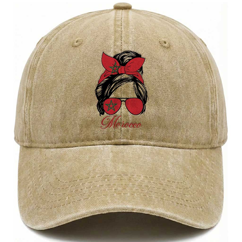 Morocco Girl Washed Cotton Baseball Cap Moroccan Princess Morocco Flag Messy Bun TS10 Print Your Wear