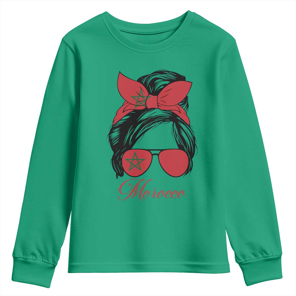Morocco Girl Youth Sweatshirt Moroccan Princess Morocco Flag Messy Bun TS10 Irish Green Print Your Wear