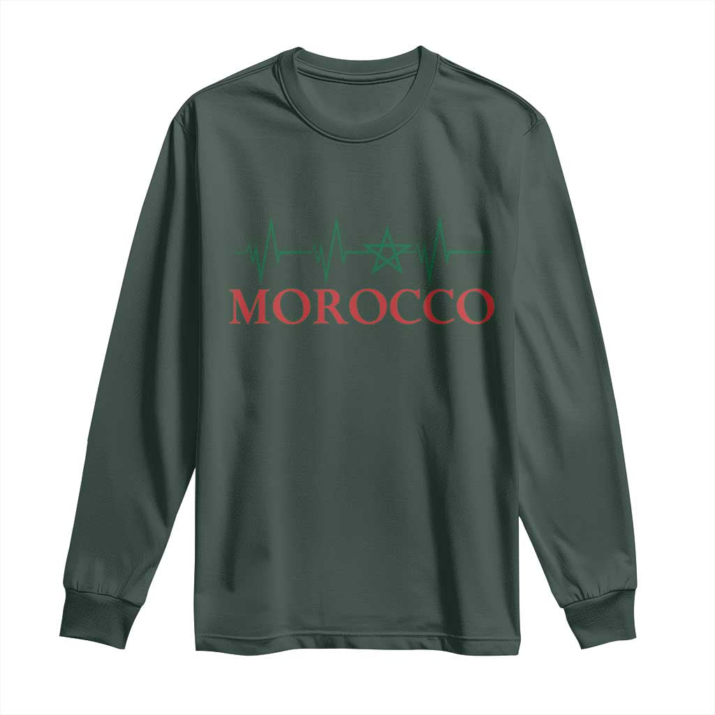 Morocco Long Sleeve Shirt Heartbeat Green Star Patriotic Pride Gift for Proud Moroccan TS10 Dark Forest Green Print Your Wear