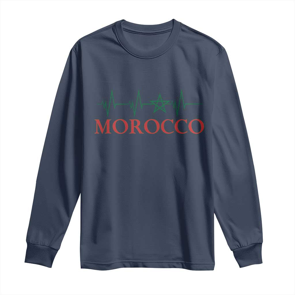 Morocco Long Sleeve Shirt Heartbeat Green Star Patriotic Pride Gift for Proud Moroccan TS10 Navy Print Your Wear