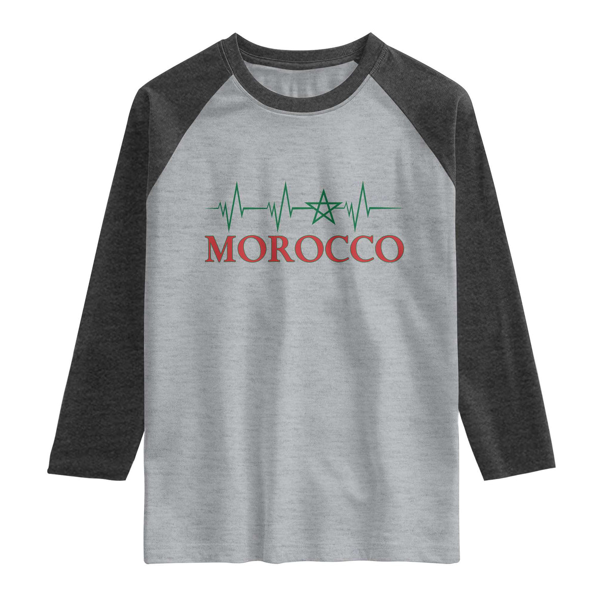 Morocco Raglan Shirt Heartbeat Green Star Patriotic Pride Gift for Proud Moroccan TS10 Heather Gray Heather Charcoal Print Your Wear