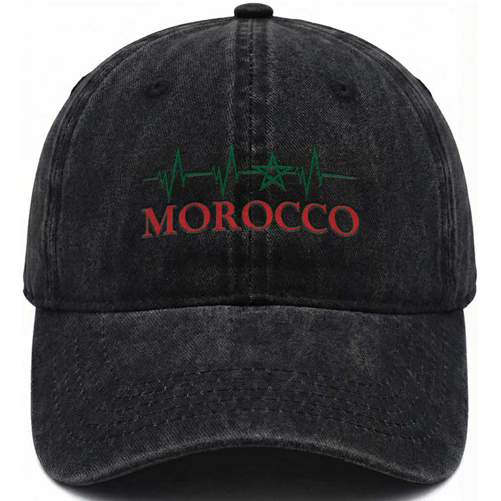 Morocco Washed Cotton Baseball Cap Heartbeat Green Star Patriotic Pride Gift for Proud Moroccan TS10 Print Your Wear