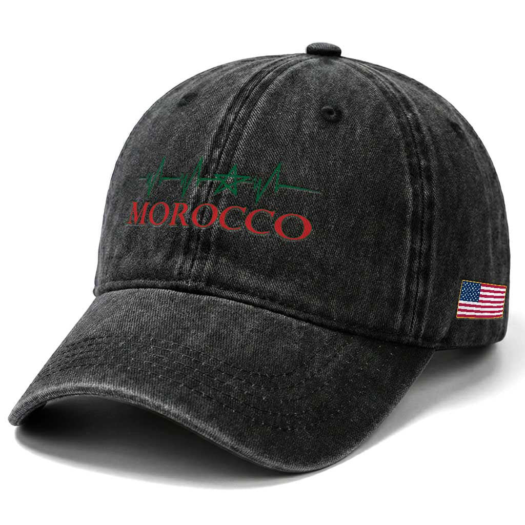 Morocco Washed Cotton Baseball Cap Heartbeat Green Star Patriotic Pride Gift for Proud Moroccan TS10 Print Your Wear