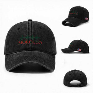 Morocco Washed Cotton Baseball Cap Heartbeat Green Star Patriotic Pride Gift for Proud Moroccan TS10 Washed Cap Universal Fit Black Print Your Wear