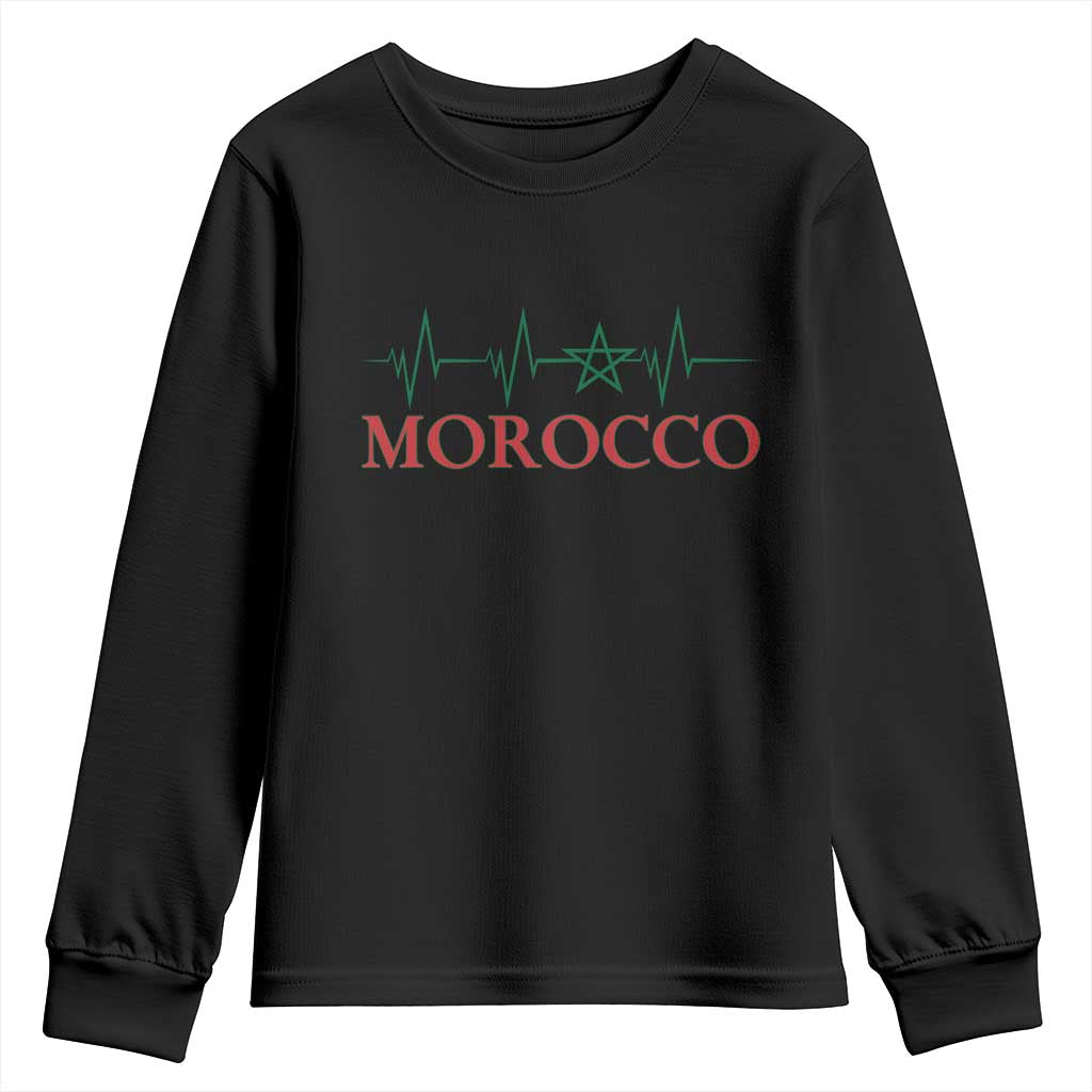 Morocco Youth Sweatshirt Heartbeat Green Star Patriotic Pride Gift for Proud Moroccan TS10 Black Print Your Wear