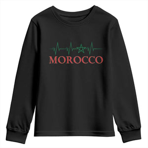 Morocco Youth Sweatshirt Heartbeat Green Star Patriotic Pride Gift for Proud Moroccan TS10 Black Print Your Wear