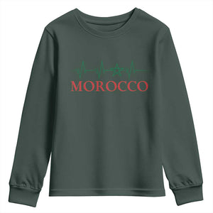Morocco Youth Sweatshirt Heartbeat Green Star Patriotic Pride Gift for Proud Moroccan TS10 Dark Forest Green Print Your Wear
