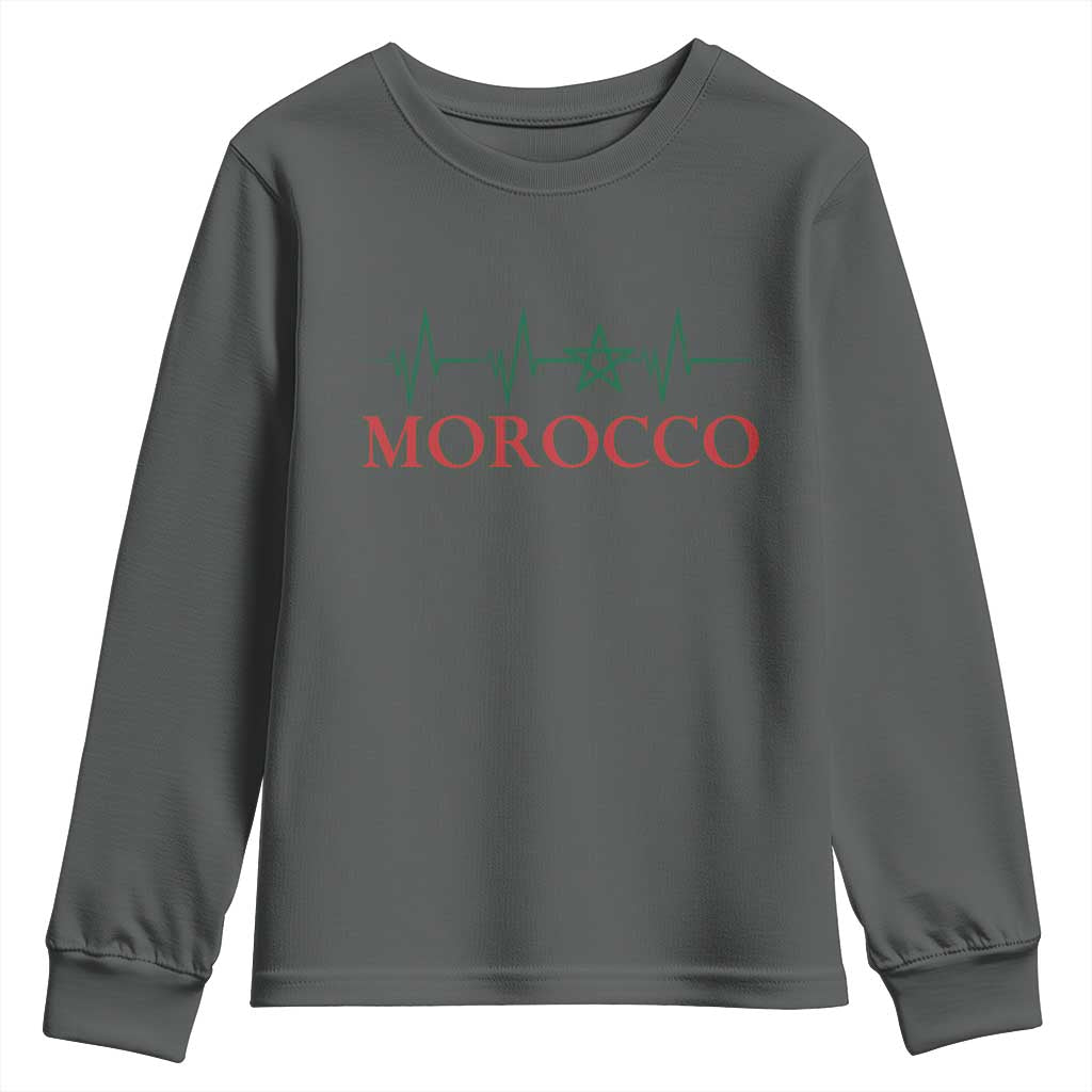 Morocco Youth Sweatshirt Heartbeat Green Star Patriotic Pride Gift for Proud Moroccan TS10 Dark Heather Print Your Wear