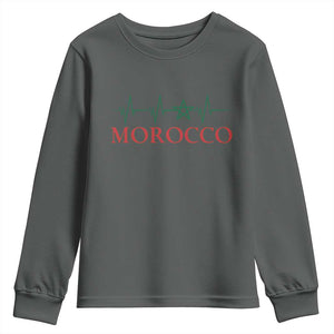 Morocco Youth Sweatshirt Heartbeat Green Star Patriotic Pride Gift for Proud Moroccan TS10 Dark Heather Print Your Wear