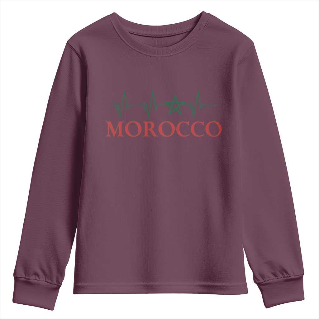 Morocco Youth Sweatshirt Heartbeat Green Star Patriotic Pride Gift for Proud Moroccan TS10 Maroon Print Your Wear