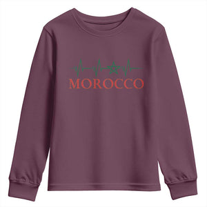 Morocco Youth Sweatshirt Heartbeat Green Star Patriotic Pride Gift for Proud Moroccan TS10 Maroon Print Your Wear