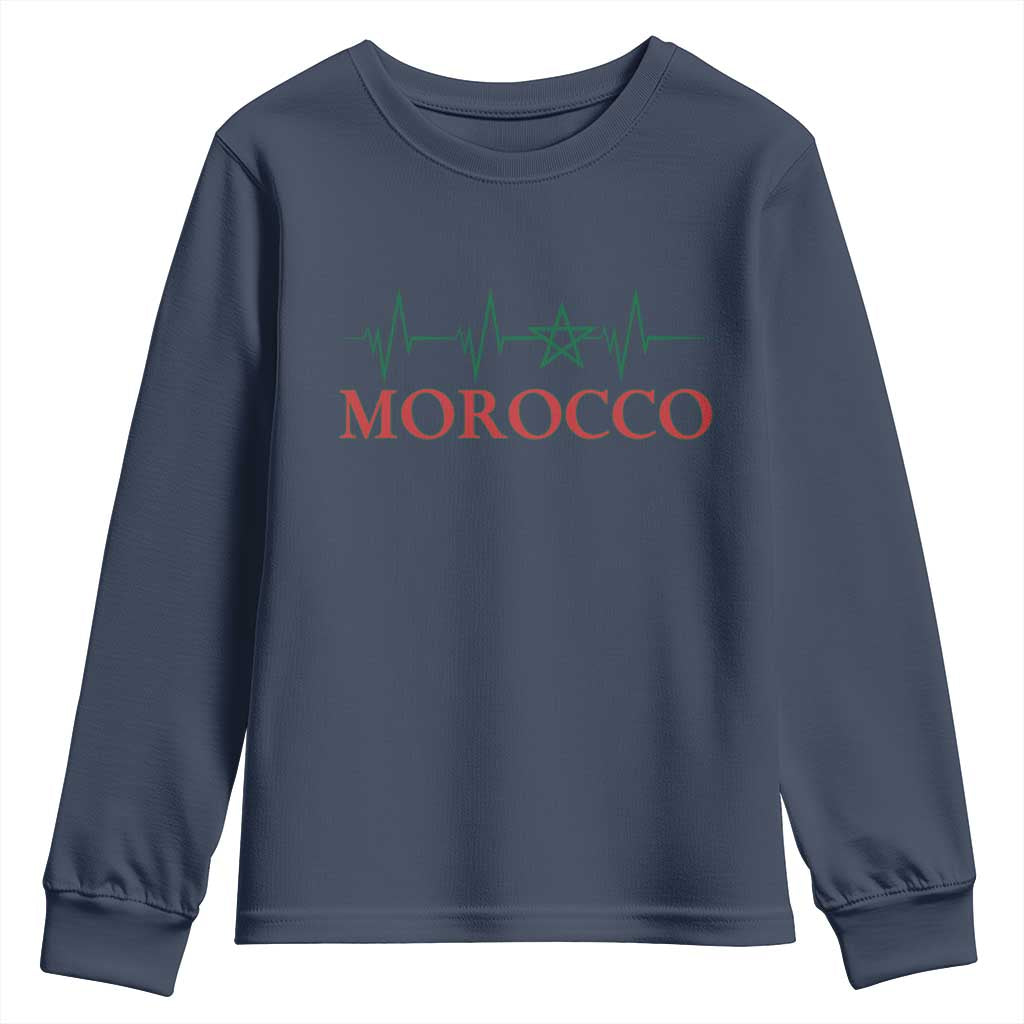 Morocco Youth Sweatshirt Heartbeat Green Star Patriotic Pride Gift for Proud Moroccan TS10 Navy Print Your Wear
