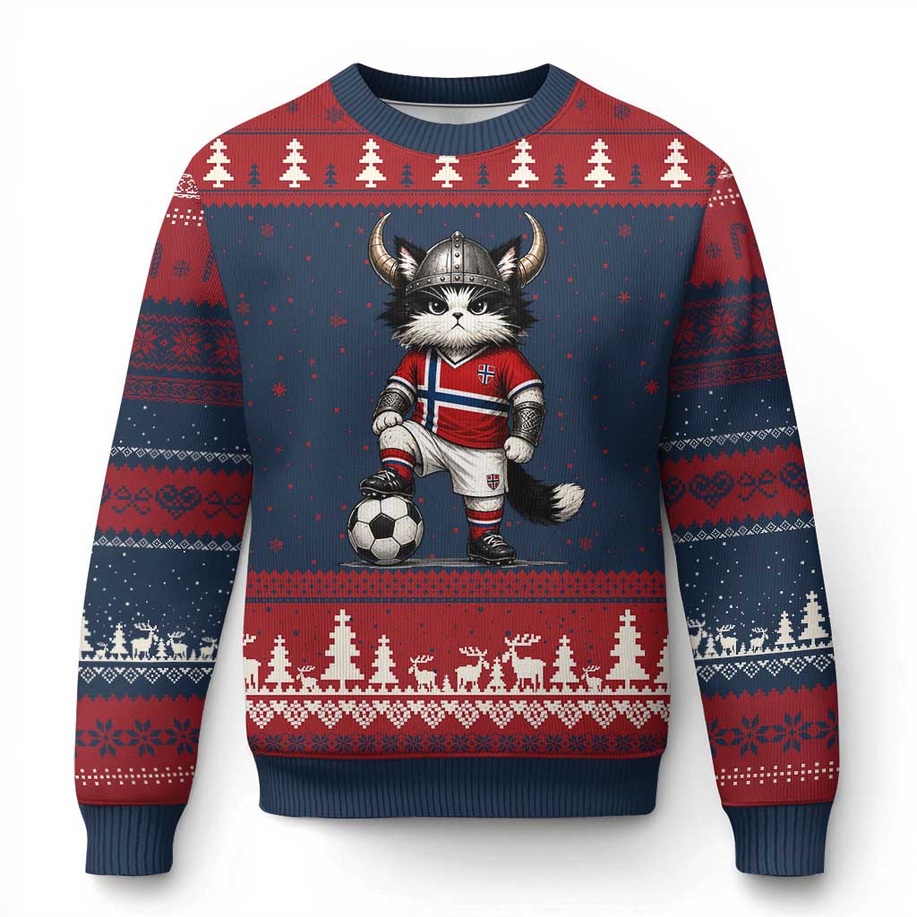 Norway Soccer Fan Ugly Christmas Sweater Cute Viking Cat Norwegian Flag Nordic Football Lovers TS10 Navy Red Print Your Wear