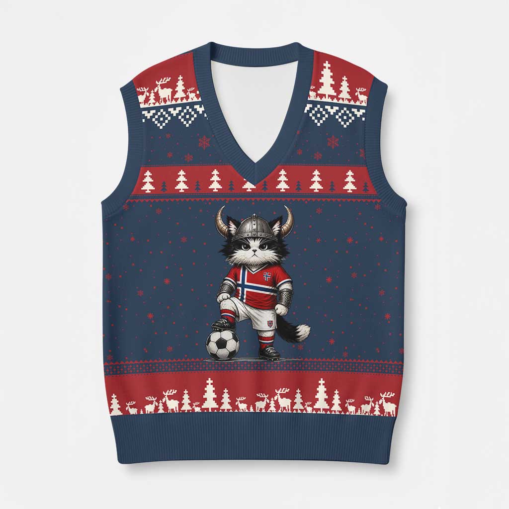 Norway Soccer Fan V-Neck Knit Sweater Vest Cute Viking Cat Norwegian Flag Nordic Football Lovers TS10 Navy Red Print Your Wear