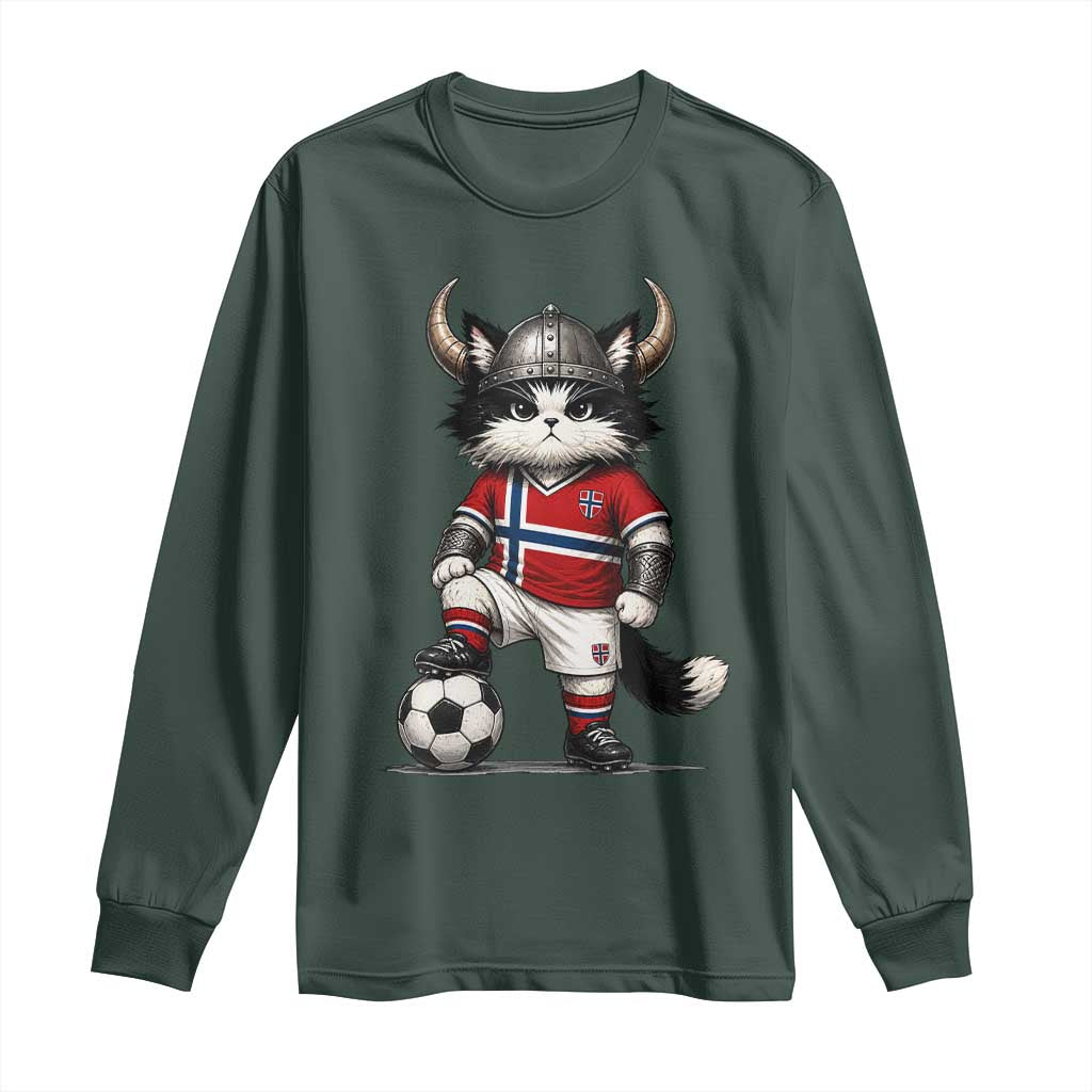Norway Soccer Fan Long Sleeve Shirt Cute Viking Cat Norwegian Flag Nordic Football Lovers TS10 Dark Forest Green Print Your Wear