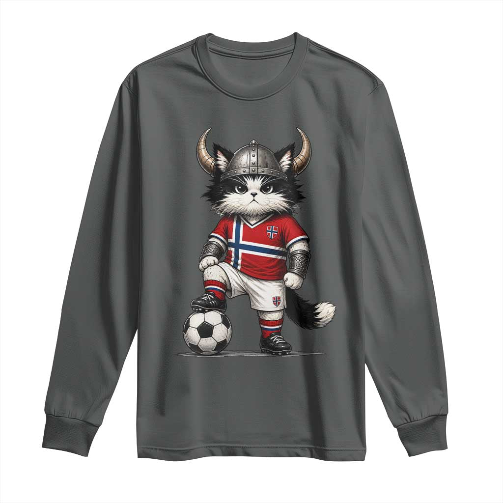 Norway Soccer Fan Long Sleeve Shirt Cute Viking Cat Norwegian Flag Nordic Football Lovers TS10 Dark Heather Print Your Wear