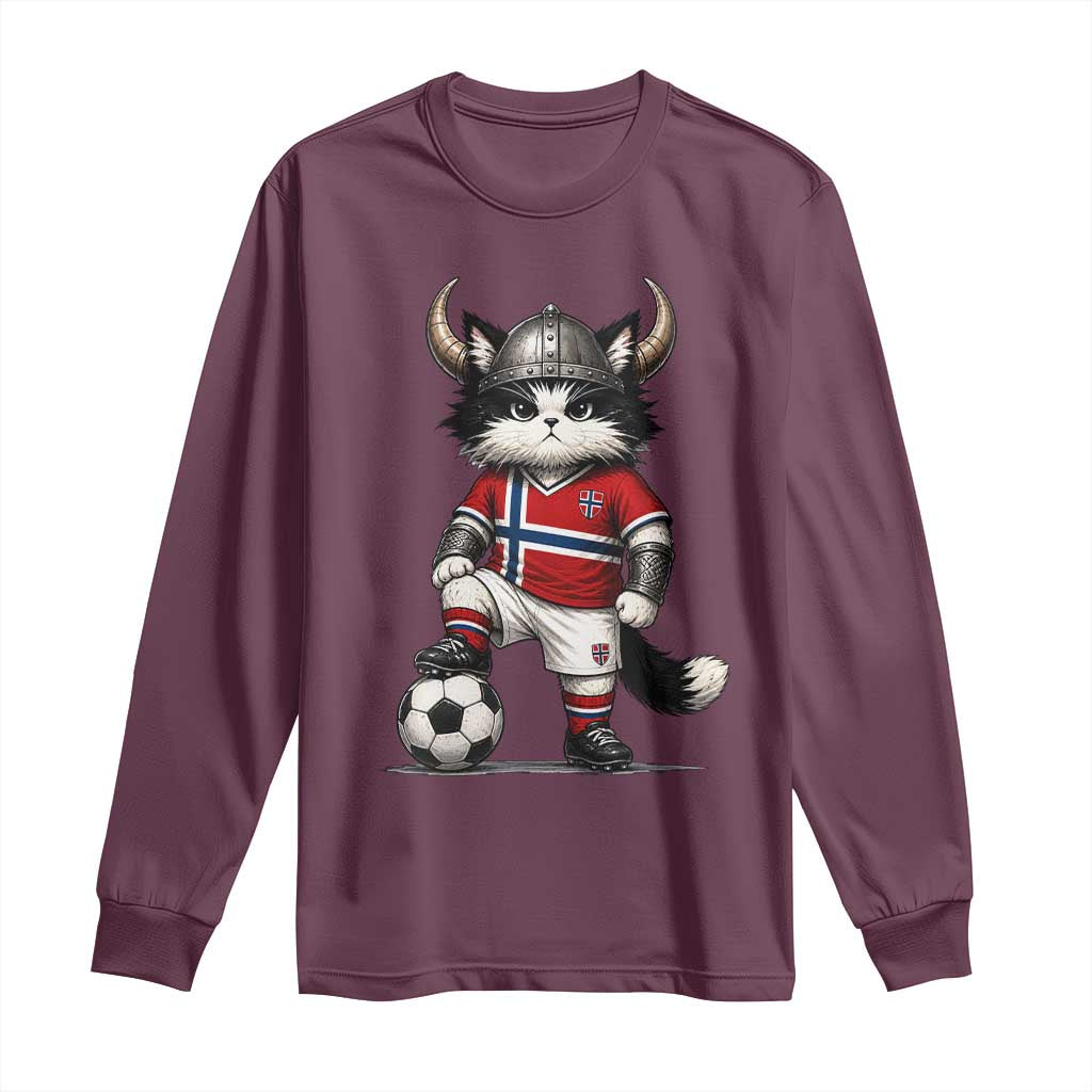 Norway Soccer Fan Long Sleeve Shirt Cute Viking Cat Norwegian Flag Nordic Football Lovers TS10 Maroon Print Your Wear