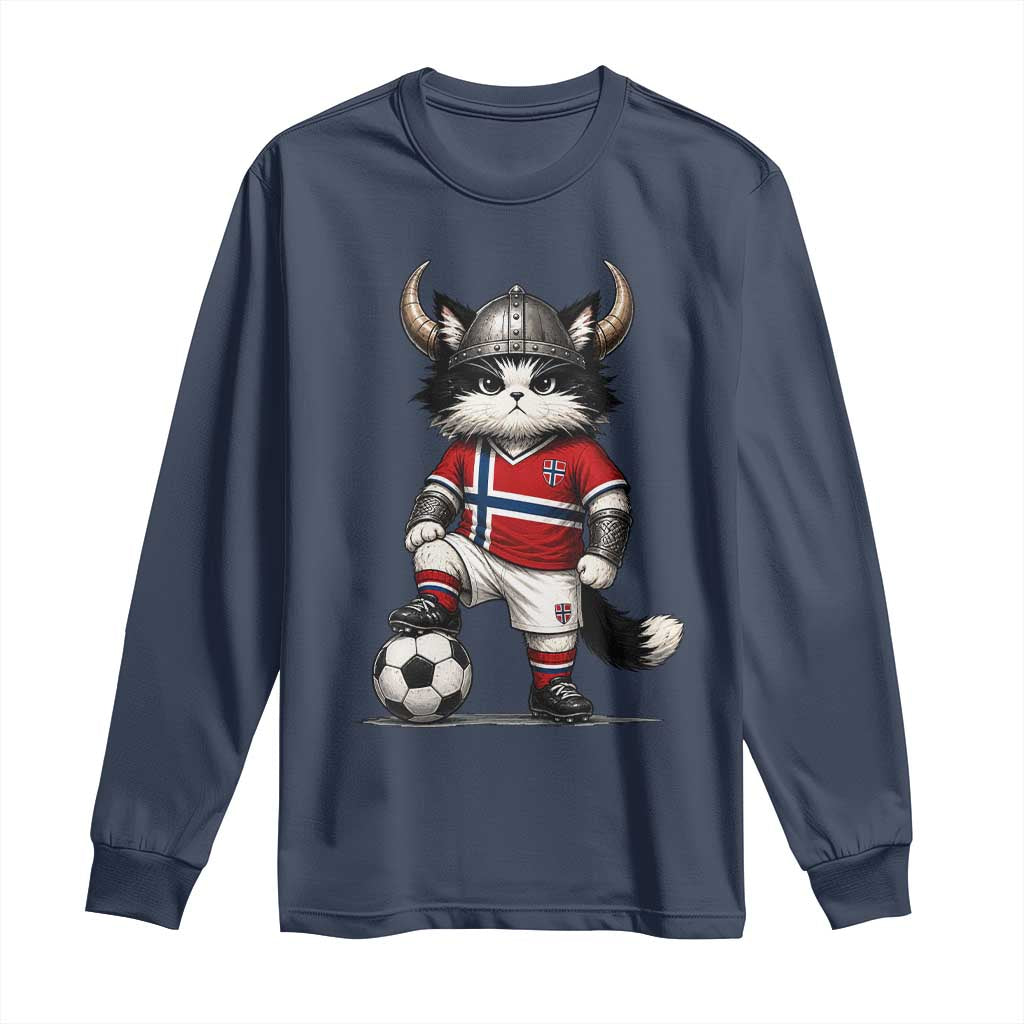 Norway Soccer Fan Long Sleeve Shirt Cute Viking Cat Norwegian Flag Nordic Football Lovers TS10 Navy Print Your Wear