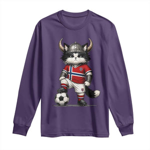 Norway Soccer Fan Long Sleeve Shirt Cute Viking Cat Norwegian Flag Nordic Football Lovers TS10 Purple Print Your Wear
