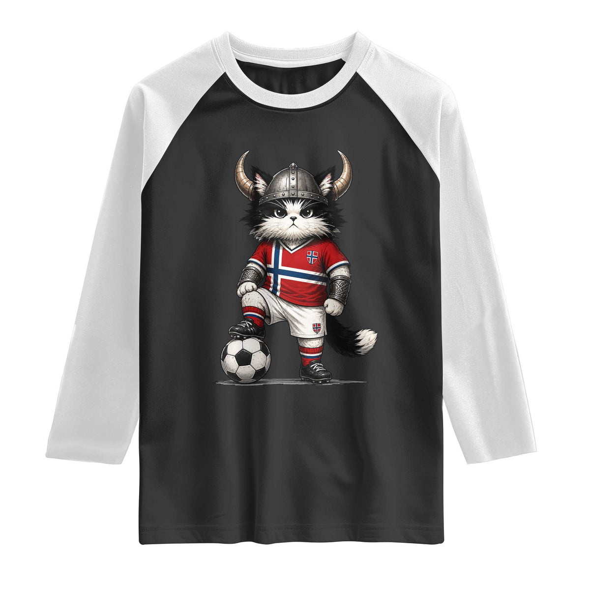 Norway Soccer Fan Raglan Shirt Cute Viking Cat Norwegian Flag Nordic Football Lovers TS10 Black White Print Your Wear