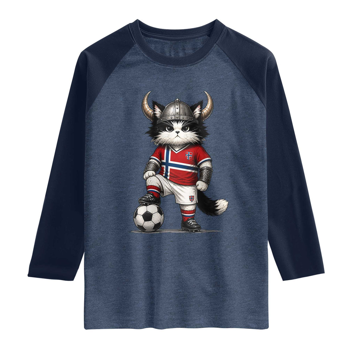 Norway Soccer Fan Raglan Shirt Cute Viking Cat Norwegian Flag Nordic Football Lovers TS10 Heather Denim Navy Print Your Wear