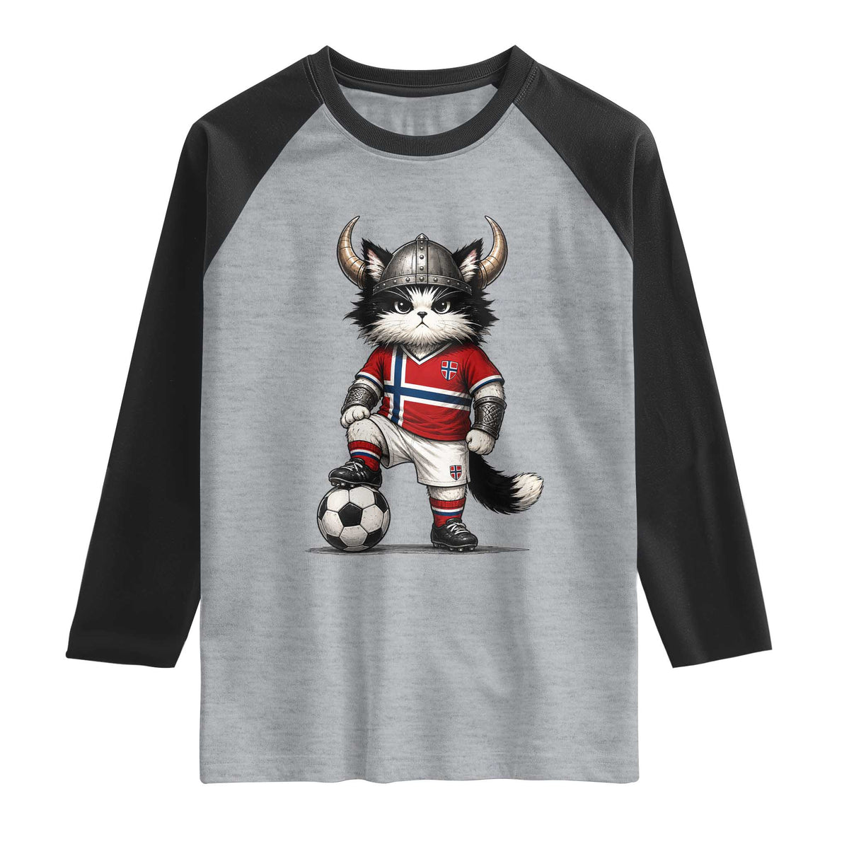Norway Soccer Fan Raglan Shirt Cute Viking Cat Norwegian Flag Nordic Football Lovers TS10 Heather Gray Black Print Your Wear