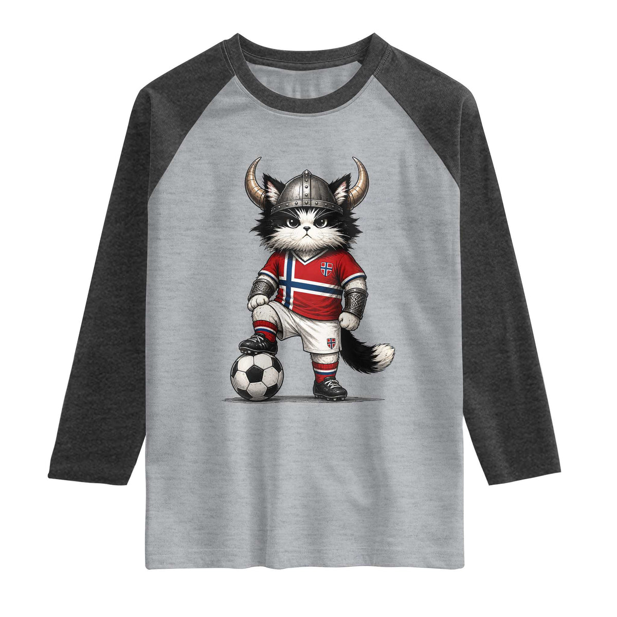 Norway Soccer Fan Raglan Shirt Cute Viking Cat Norwegian Flag Nordic Football Lovers TS10 Heather Gray Heather Charcoal Print Your Wear