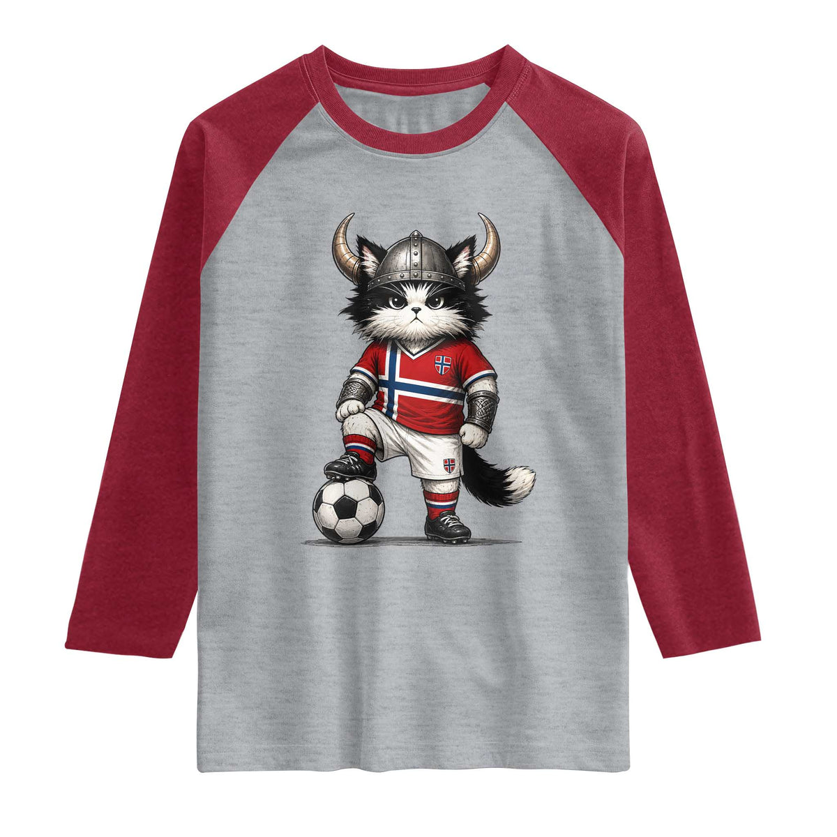 Norway Soccer Fan Raglan Shirt Cute Viking Cat Norwegian Flag Nordic Football Lovers TS10 Heather Gray Heather Red Print Your Wear