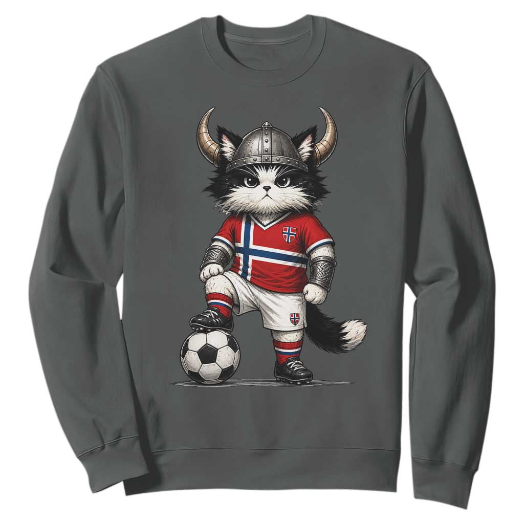 Norway Soccer Fan Sweatshirt Cute Viking Cat Norwegian Flag Nordic Football Lovers TS10 Dark Heather Print Your Wear