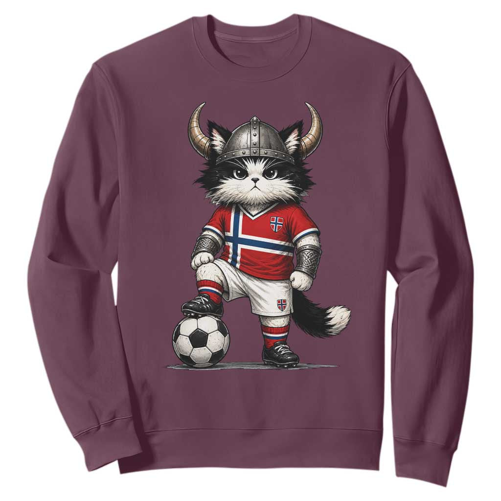 Norway Soccer Fan Sweatshirt Cute Viking Cat Norwegian Flag Nordic Football Lovers TS10 Maroon Print Your Wear