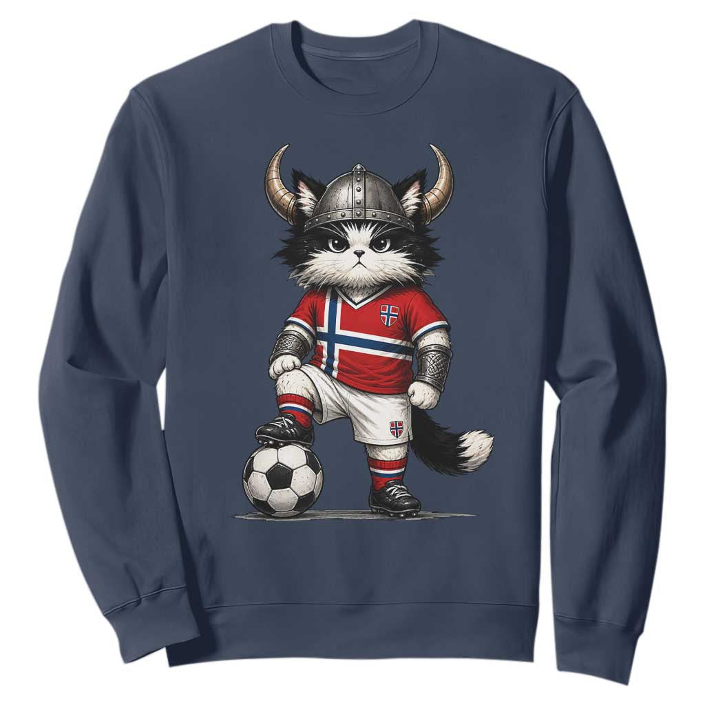 Norway Soccer Fan Sweatshirt Cute Viking Cat Norwegian Flag Nordic Football Lovers TS10 Navy Print Your Wear