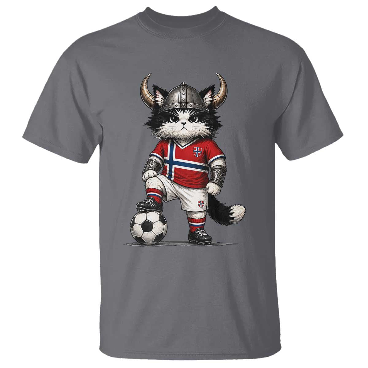 Norway Soccer Fan T Shirt Cute Viking Cat Norwegian Flag Nordic Football Lovers TS10 Charcoal Print Your Wear