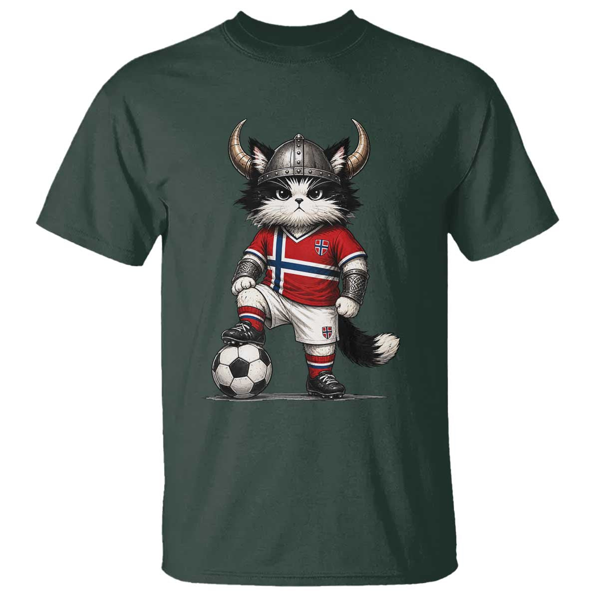 Norway Soccer Fan T Shirt Cute Viking Cat Norwegian Flag Nordic Football Lovers TS10 Dark Forest Green Print Your Wear